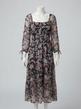 LC Lauren Conrad Black Floral Midi Dress with Puff Sleeves